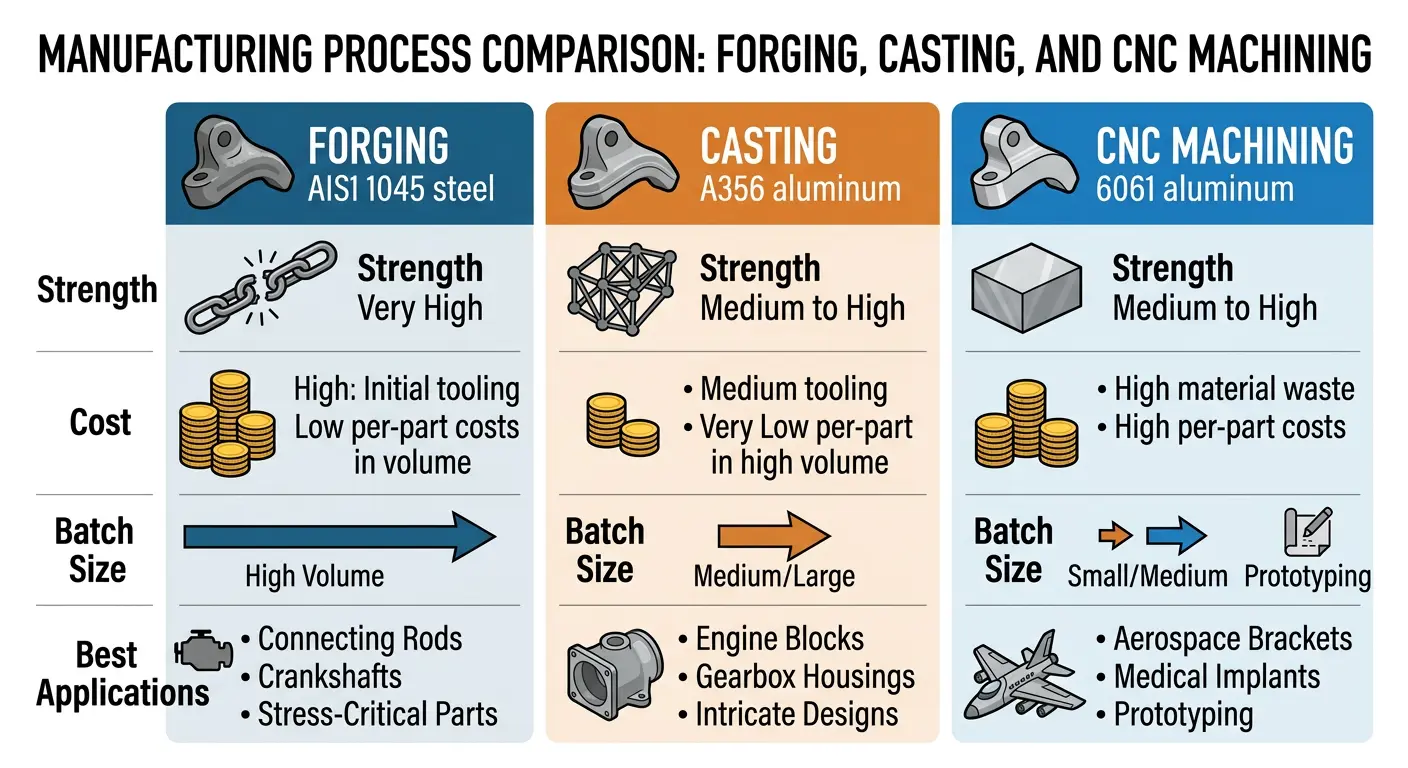 Forging vs casting vs CNC machining comparison table infographic showing differences in strength, cost, tooling, batch size, and best applications